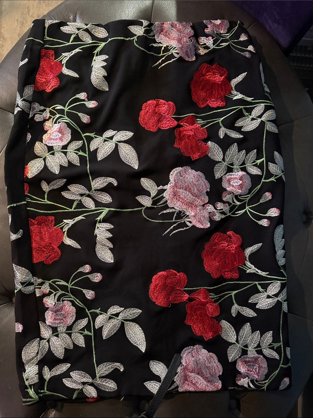 ECI Black Skirt with Red & Light Pink Floral Embroidery